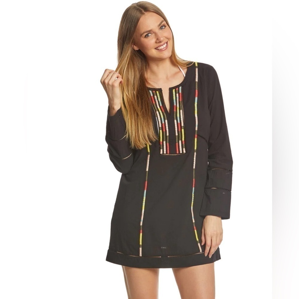 PrAna Black Lahela Long Sleeve Cover Up Tunic Embroidered Sz S